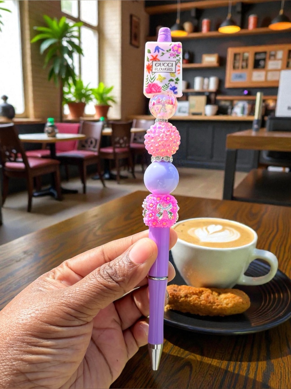 Handmade Bubble Gum & Pink Flower Beaded Pen with Book Topper